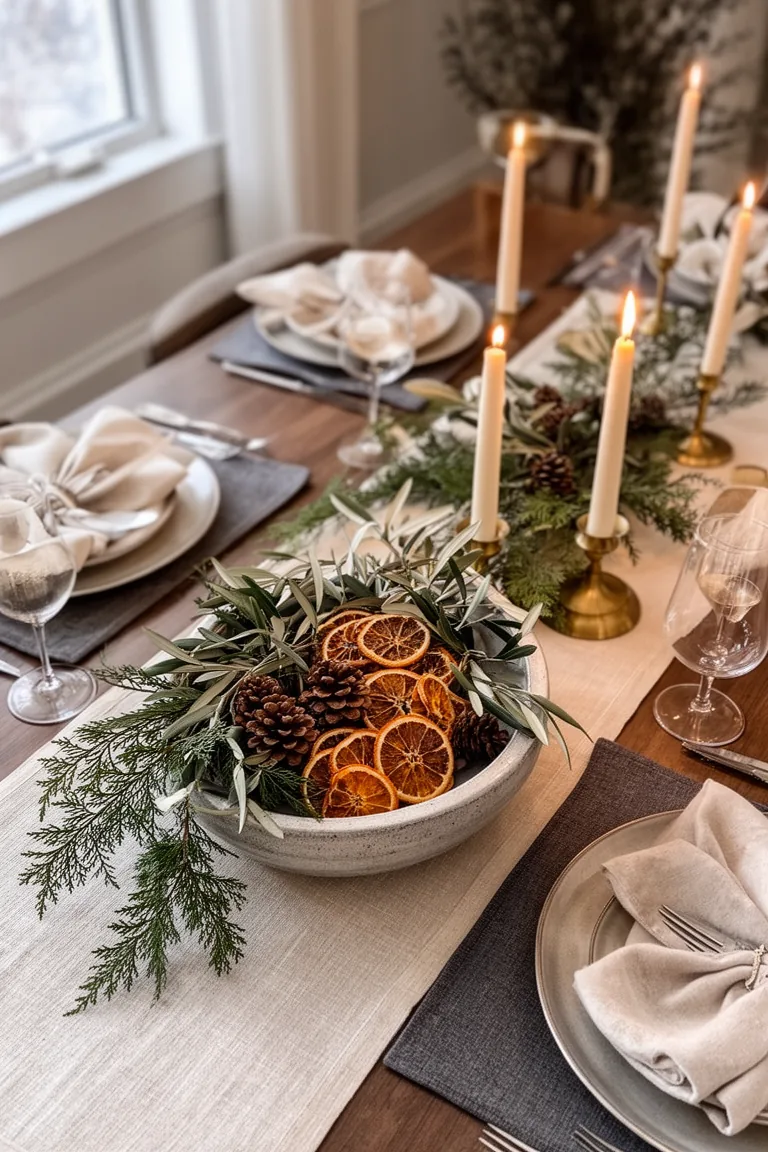 Overhead winter centerpiece with dried orange slices, pinecones and olive branches