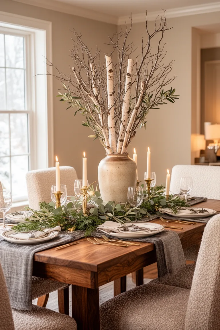 Sculptural birch and manzanita branches in a tall vase as a centerpiece
