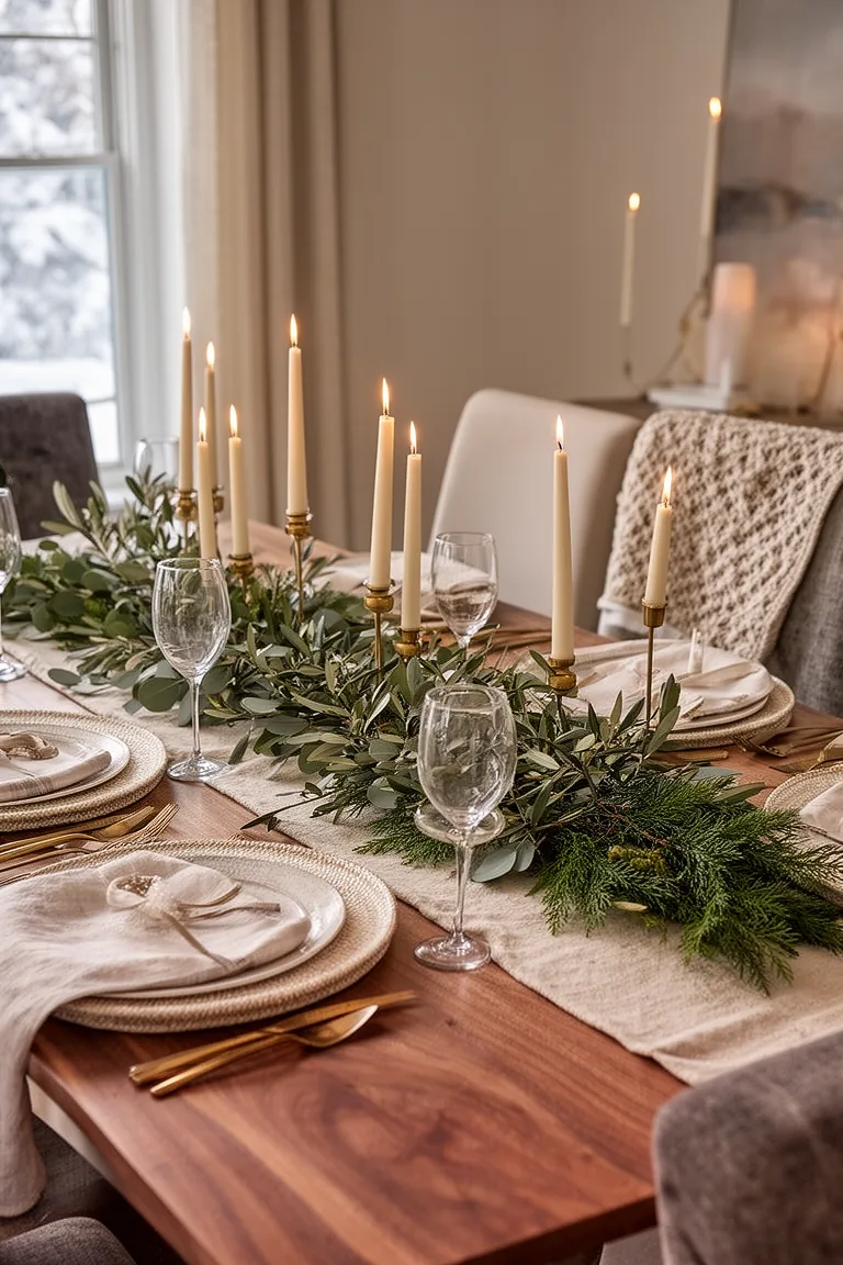 Loose eucalyptus and pine garland runner with taper candles down a table