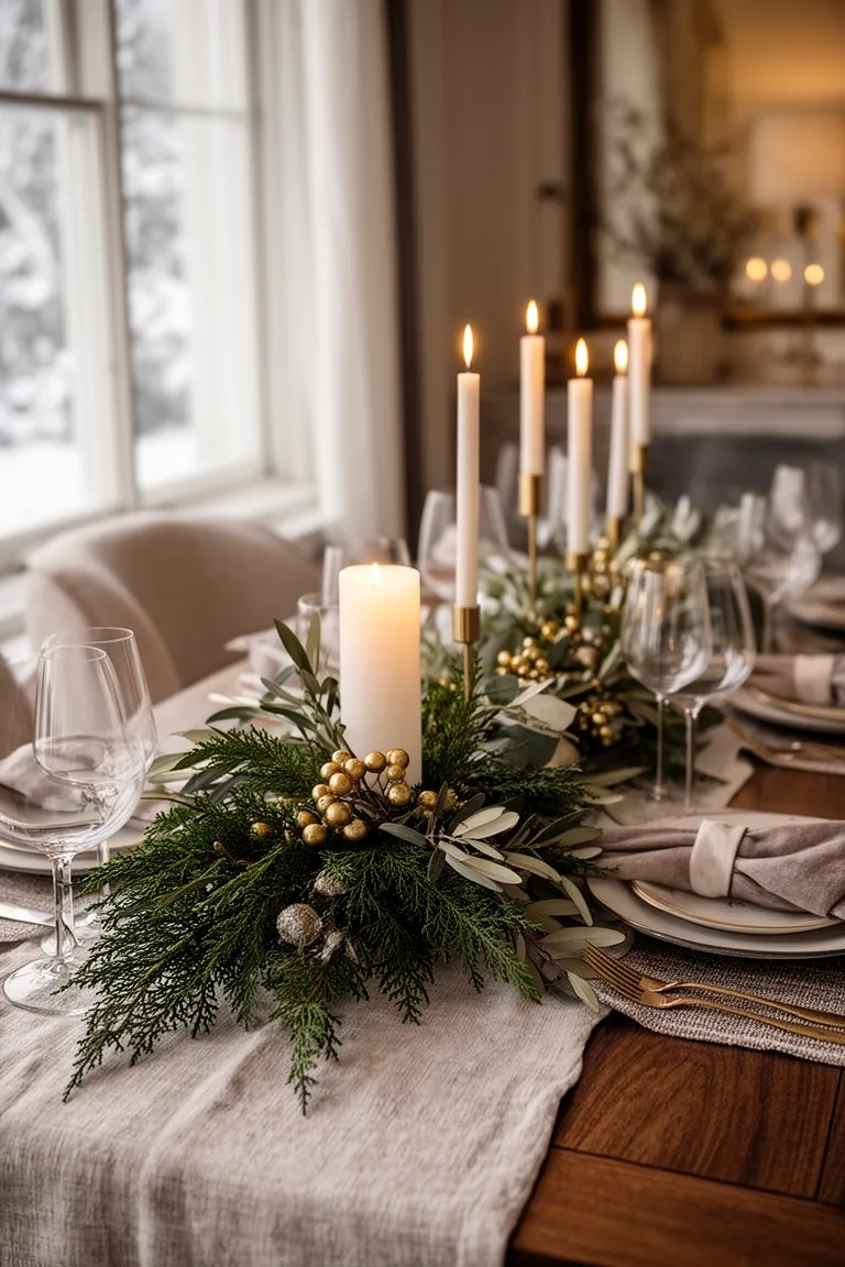 Closeup of a low cedar centerpiece with gilded berries and a pillar candle