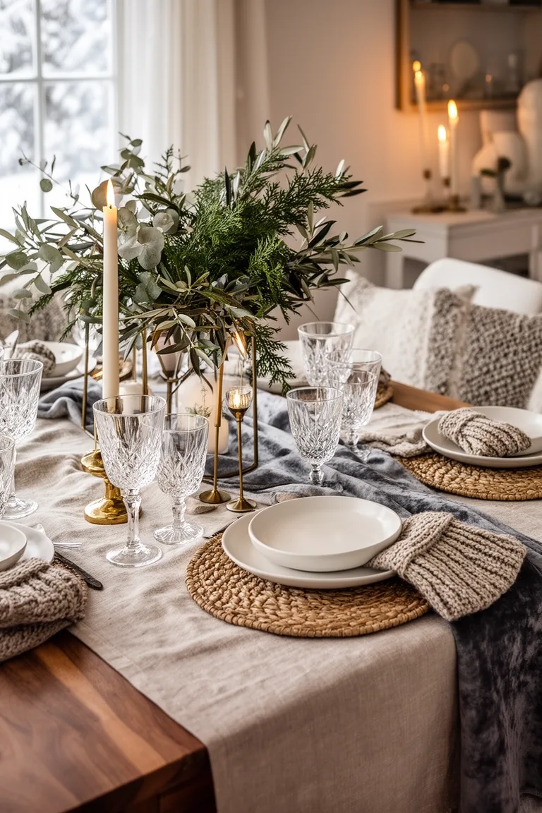 Winter dining table layered with linen tablecloth, velvet runner and woven placemats