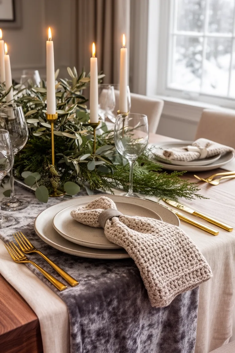 Closeup of a velvet runner over linen with a knit napkin and matte plate