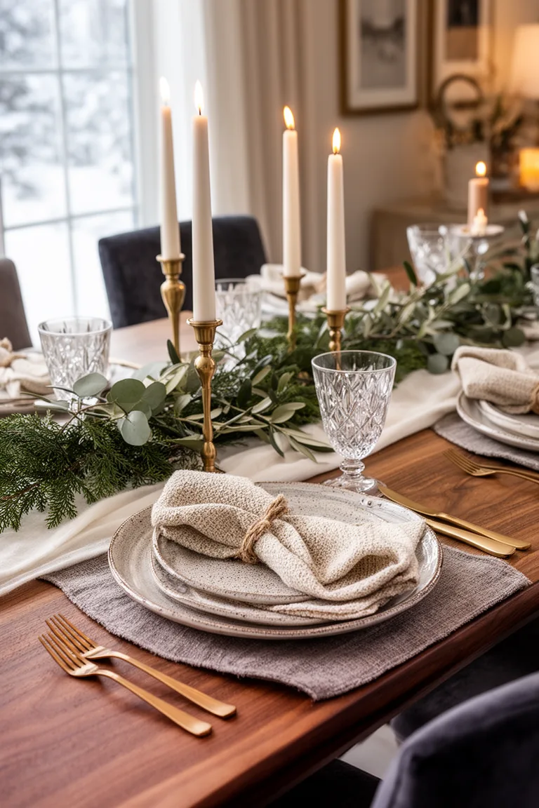 Place setting mixing a matte ceramic charger with a glossy crystal goblet