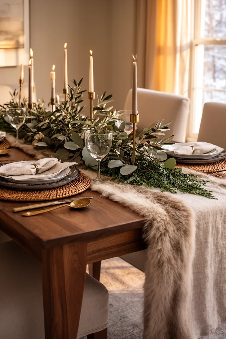 Dining table corner with a faux fur runner over linen and rattan chargers