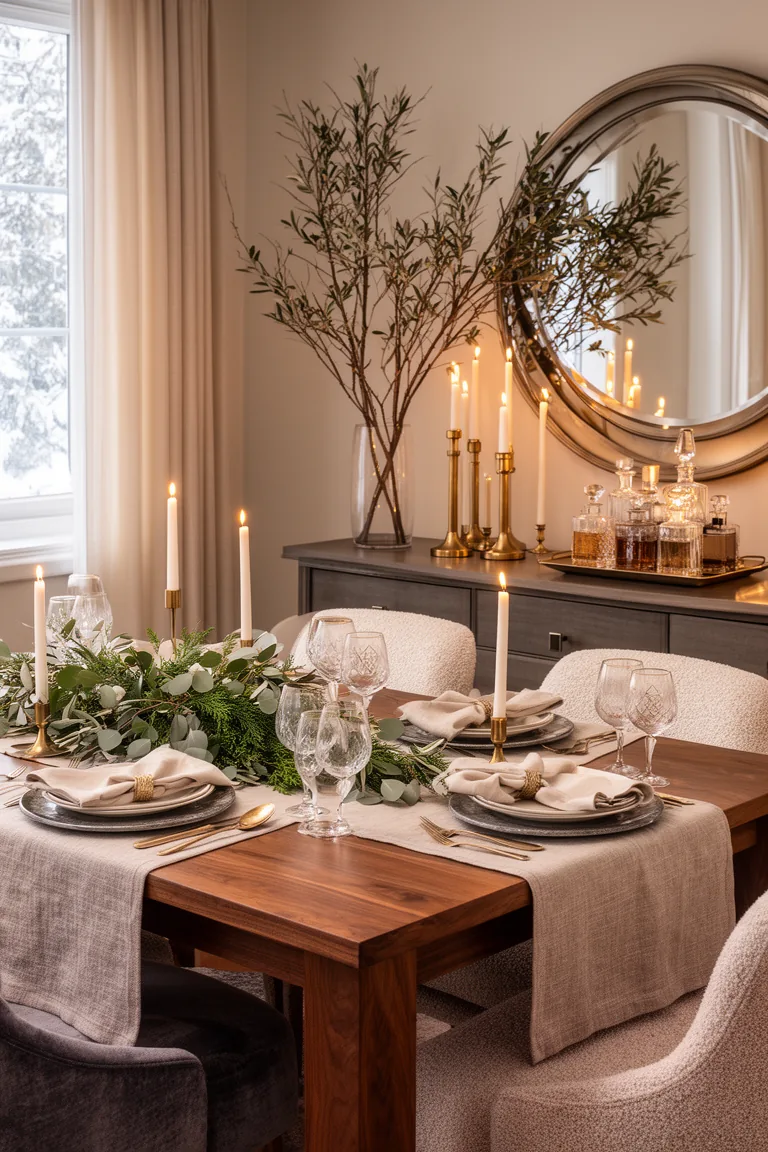 Styled winter sideboard with mirror, branches, candlesticks and decanters