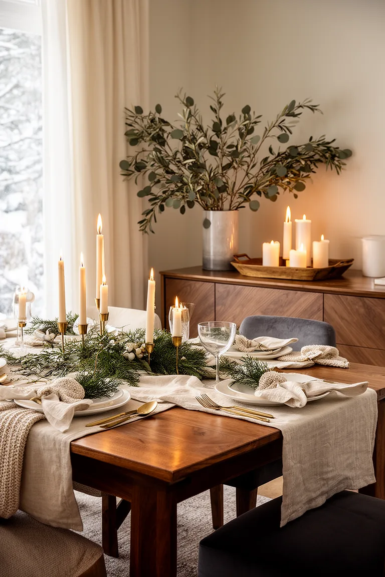 Sideboard vignette with eucalyptus branches and candles plus open serving space
