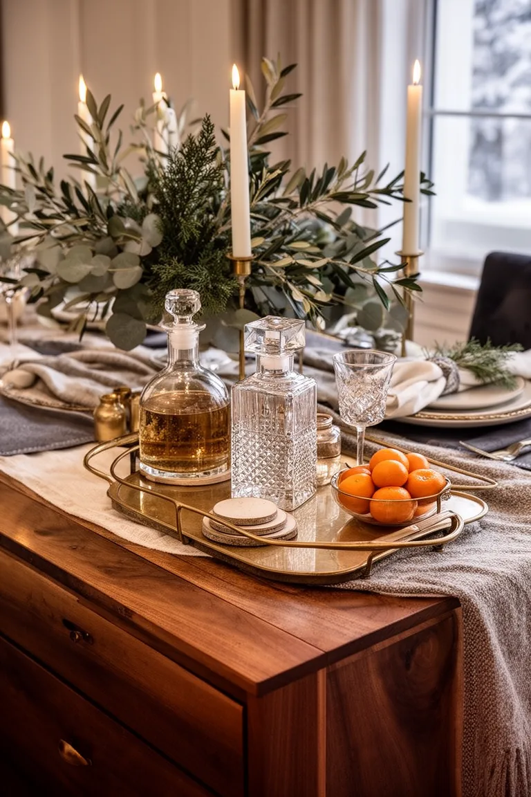 Closeup of a sideboard tray with decanters, coasters and clementines
