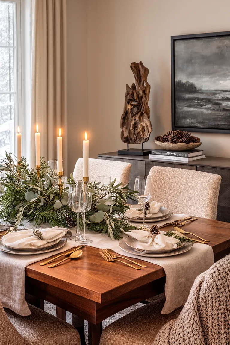 Credenza styled for winter with a moody landscape, wood sculpture and pinecones