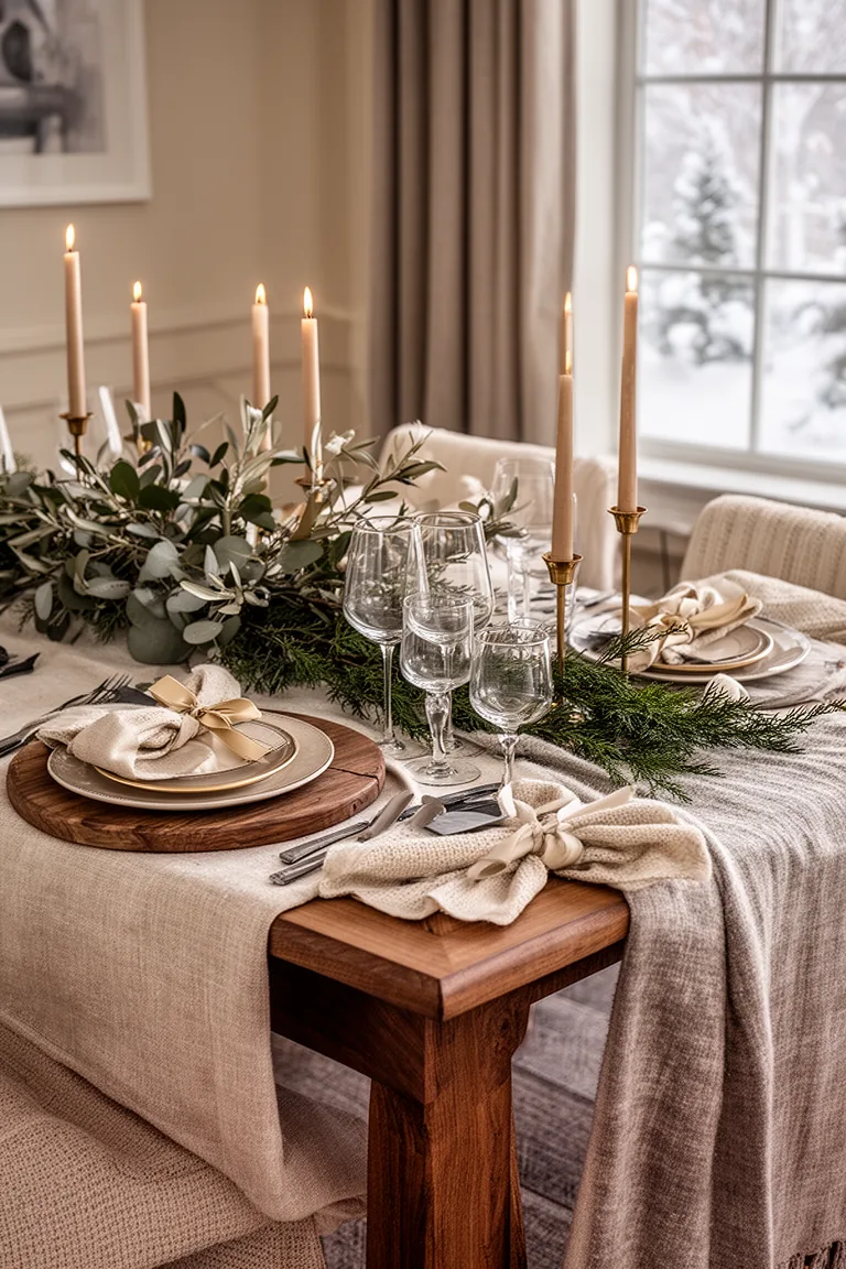 Curated winter tablescape with wood chargers, stacked plates and layered glassware