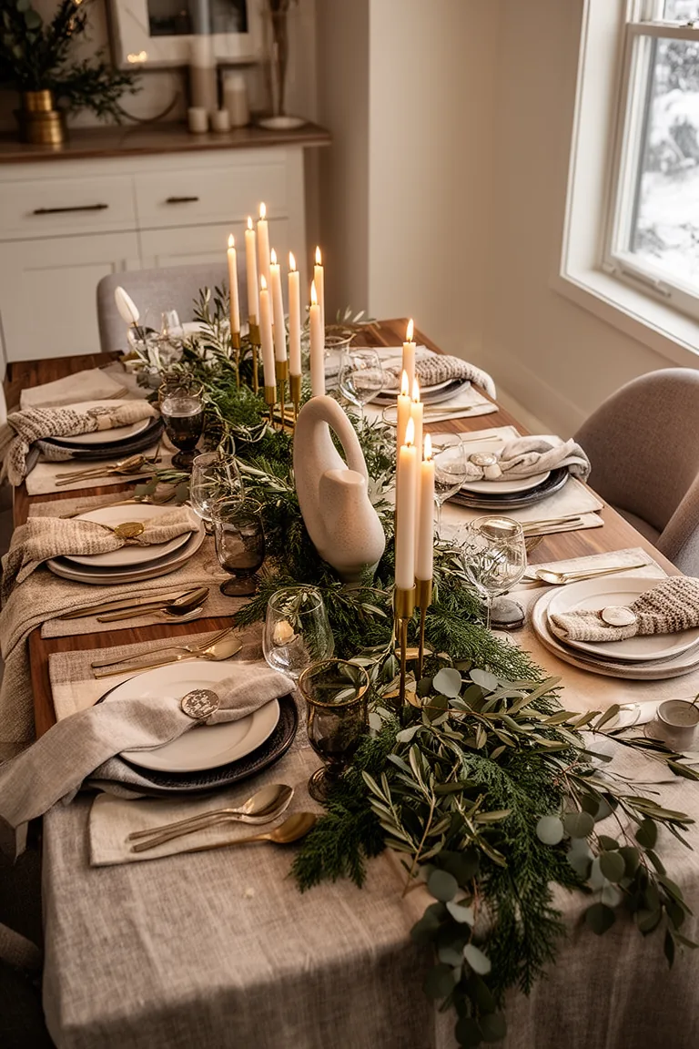 Overhead winter tablescape with greenery, staggered candles and a ceramic element