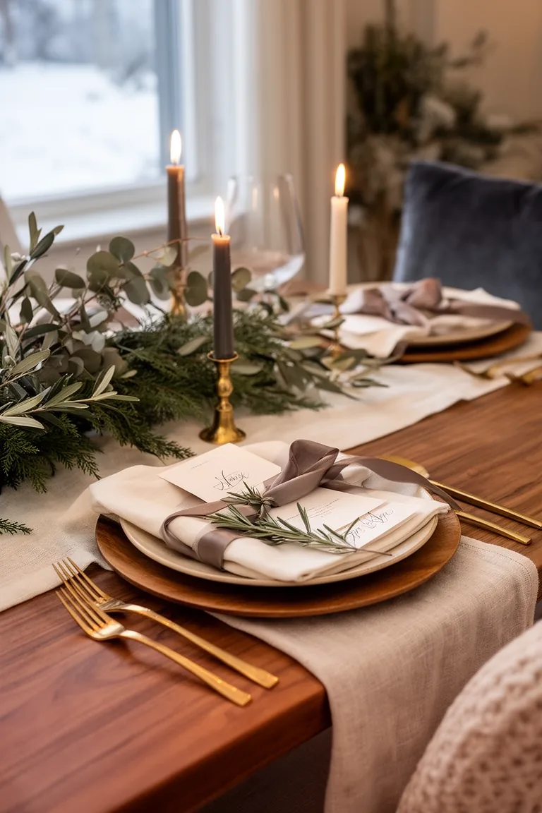 Winter tablescape place setting with a wood charger, place card and rosemary sprig