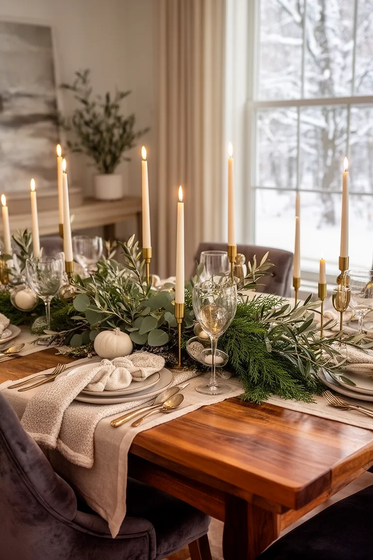 Wide winter tablescape with low greenery and taper candles over a wood table