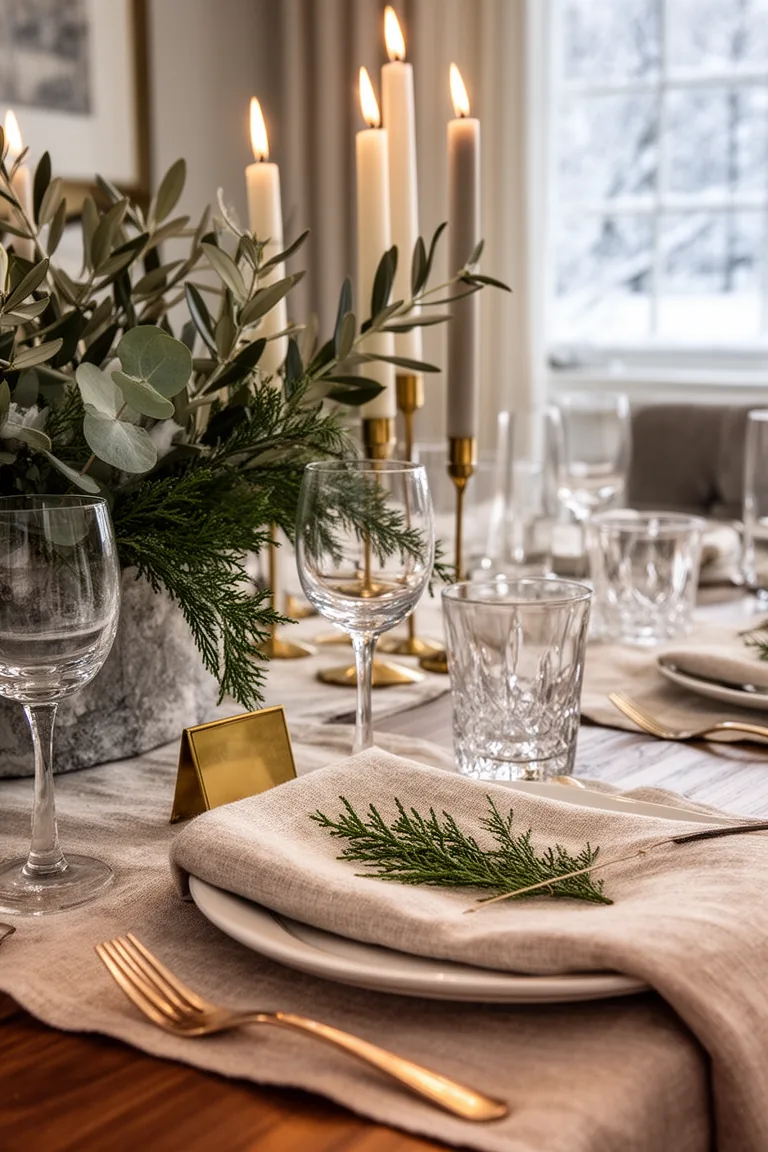 Closeup of tablescape details with glassware, linen napkin and a cedar sprig