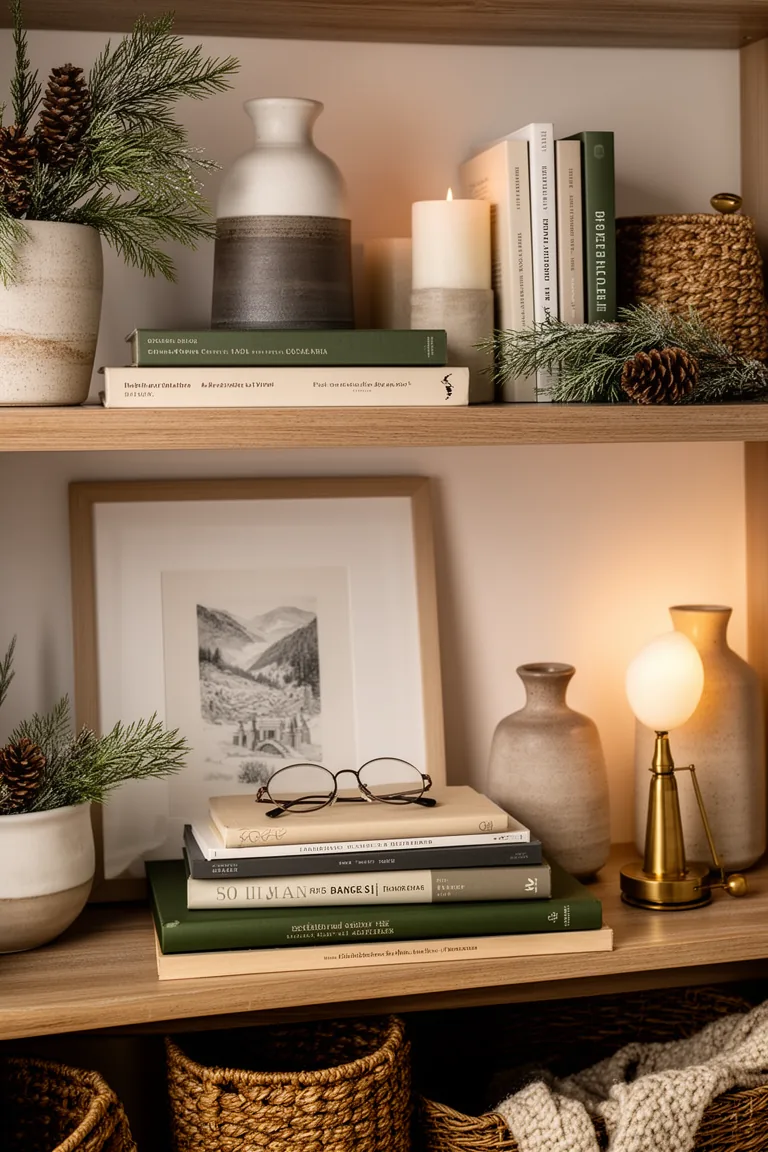 Reading nook shelf vignette with books, glasses and a candle snuffer