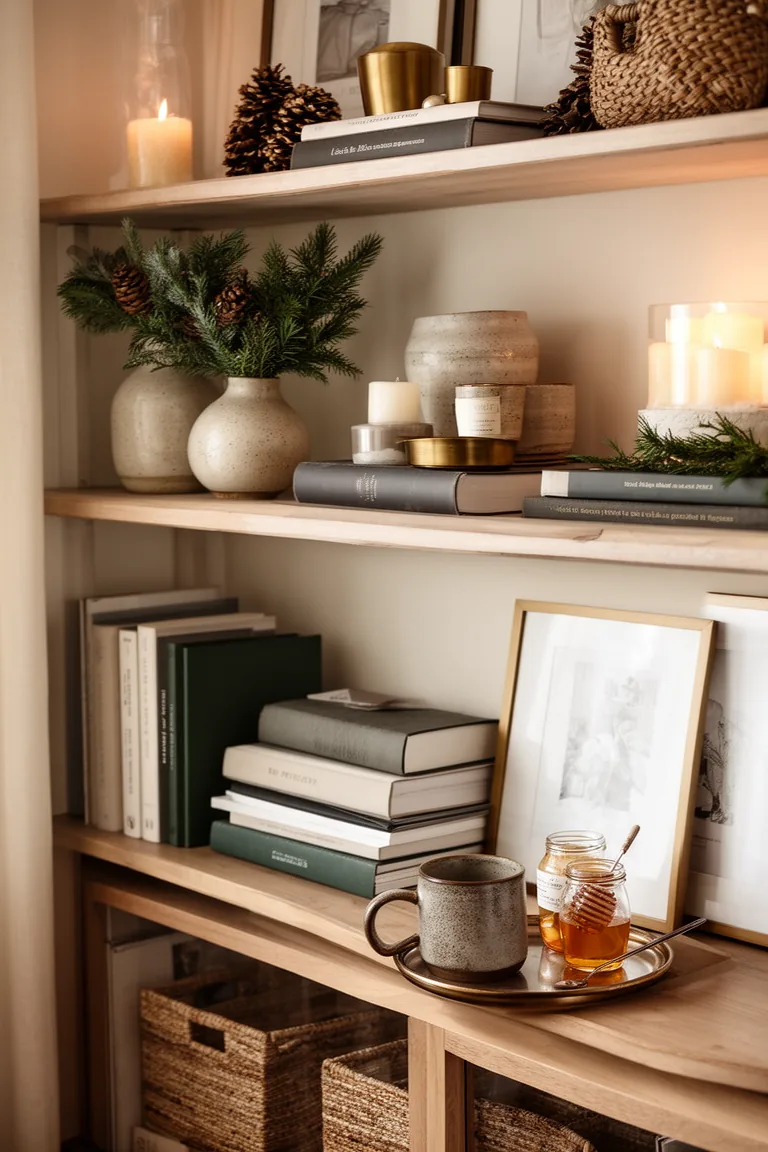 Tea moment shelf vignette with a stoneware mug, honey jar and spoon