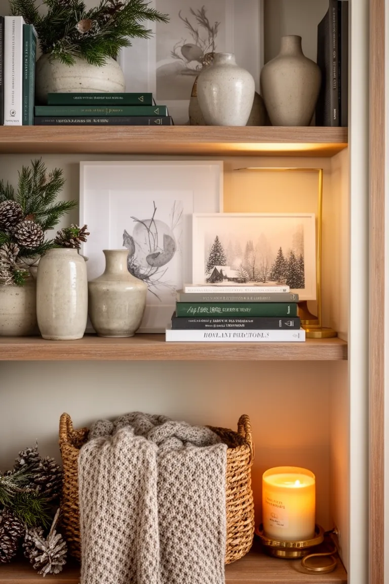 Knit throw tucked into a woven basket on a lower shelf