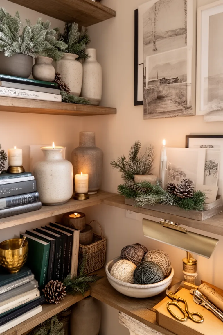Craft corner shelf vignette with a ceramic bowl of yarn and scissors