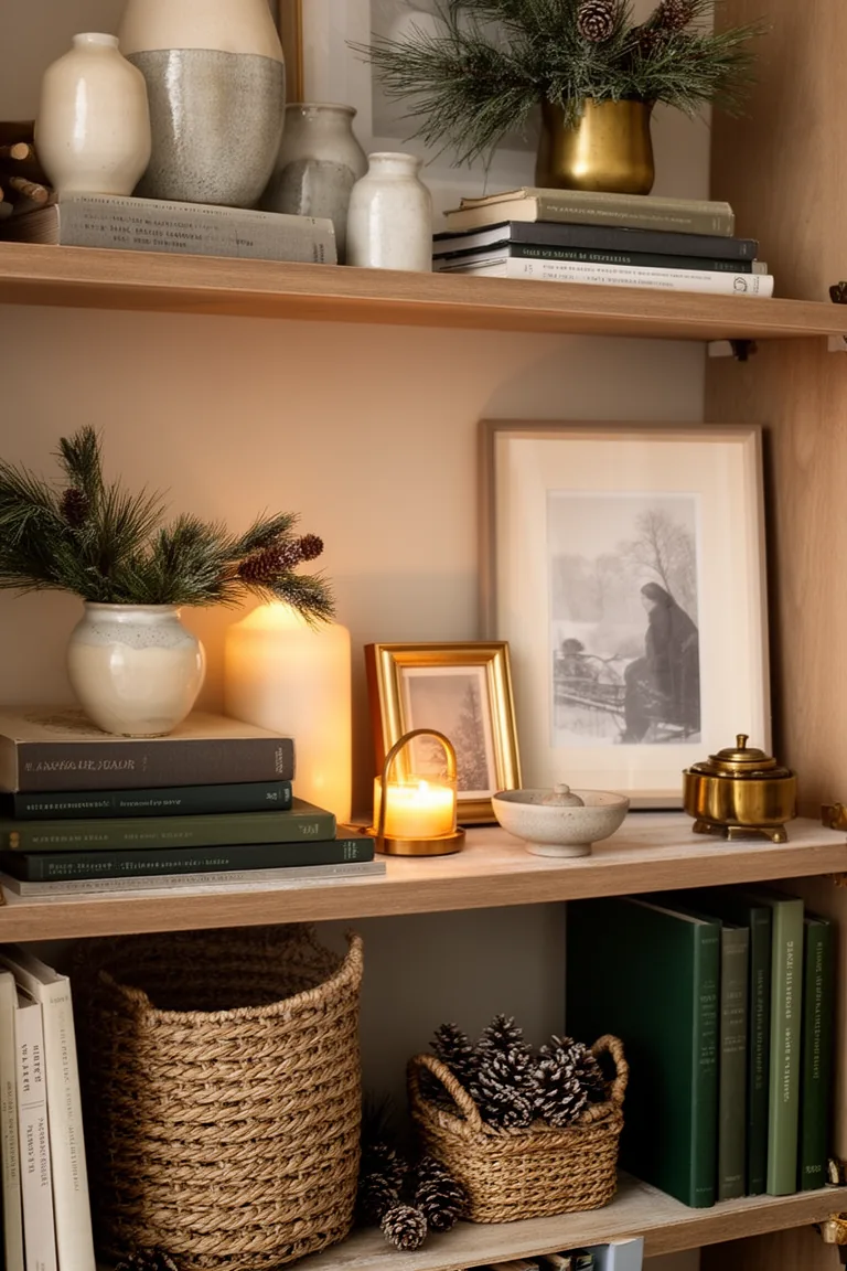 Intimate shelf scene with a candle, framed print and stoneware dish
