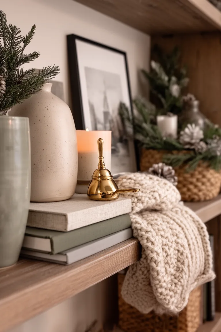 Styled shelf layering linen books, a clay vase, knit throw and brass snuffer