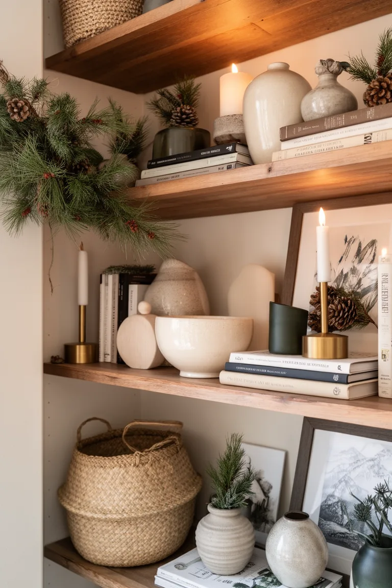 Shelf vignette mixing matte stoneware, a woven basket and a ribbed vase