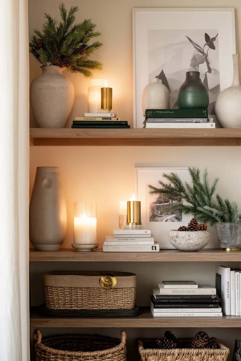 Shelf grouped in threes with a tall vase, books and a small bowl