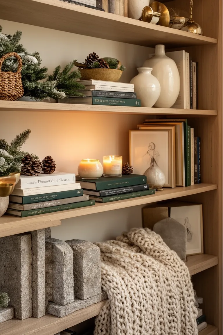 Lower shelf with stone bookends and knit throw, glossy ceramics above