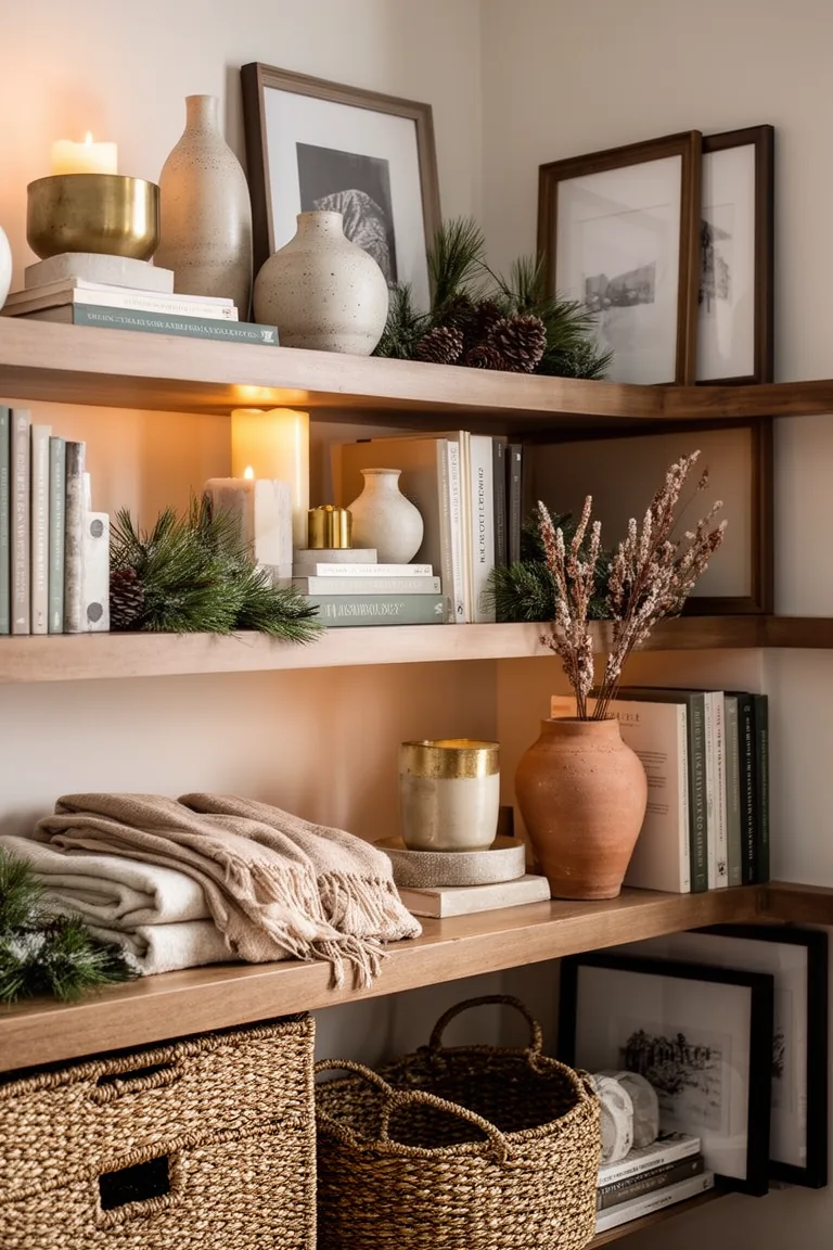 Open shelf corner with woven baskets, a clay vase and folded textiles