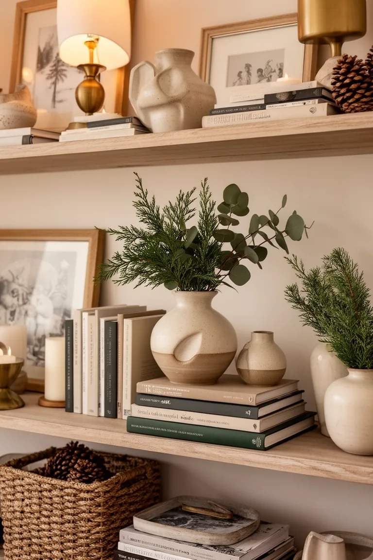 Ceramic vase on a shelf holding cedar and eucalyptus clippings