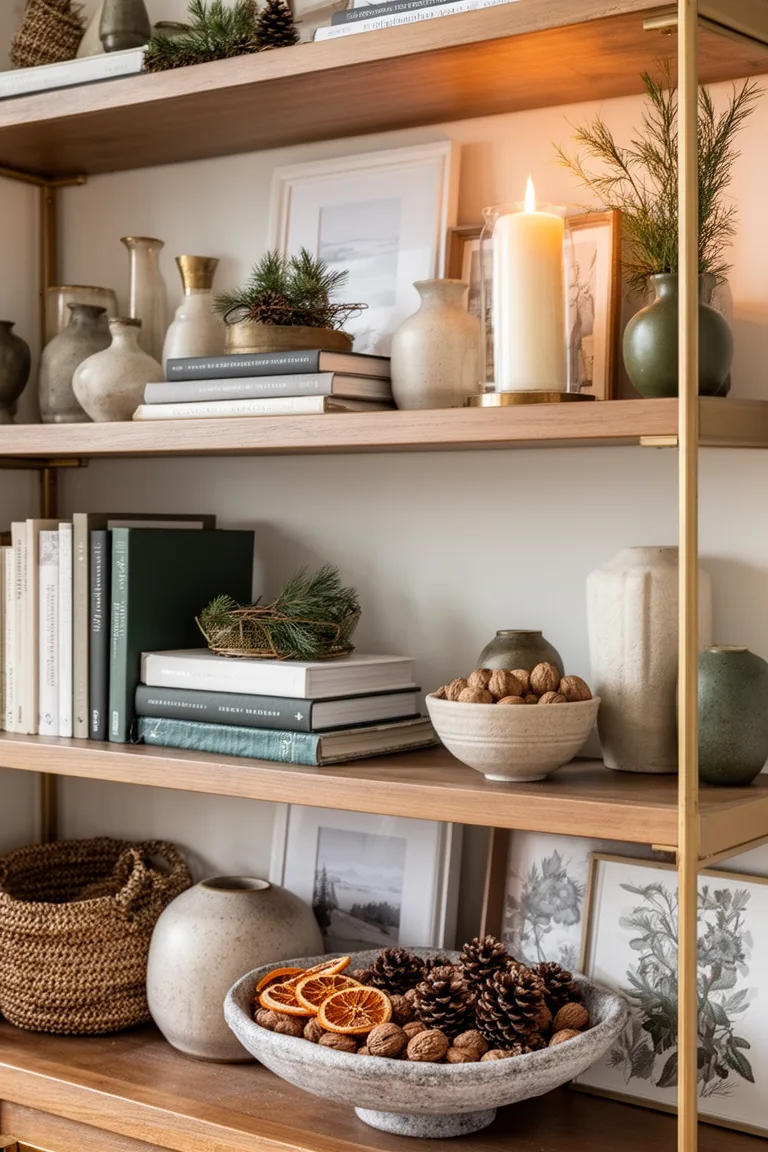Shallow bowl on a shelf filled with pinecones, walnuts and dried oranges