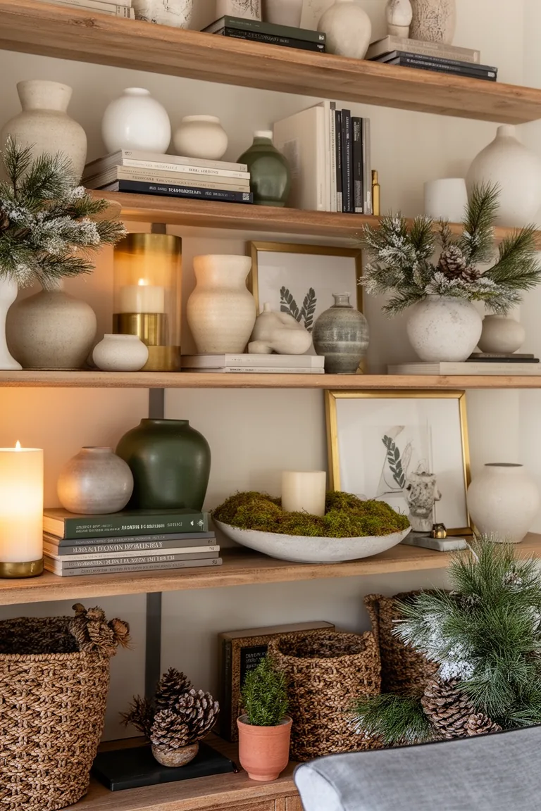 Low dish of moss on a shelf beside a small clay pot