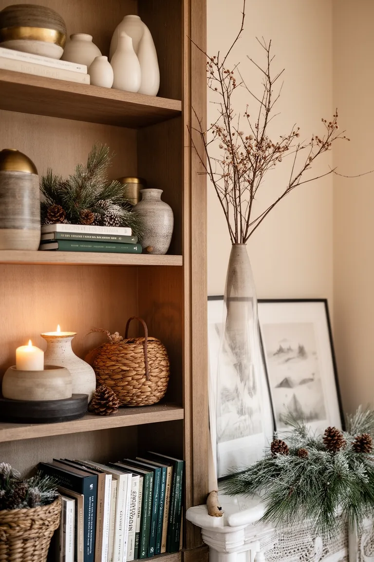 Bare branches and dried winter stems in a tall vase on a shelf