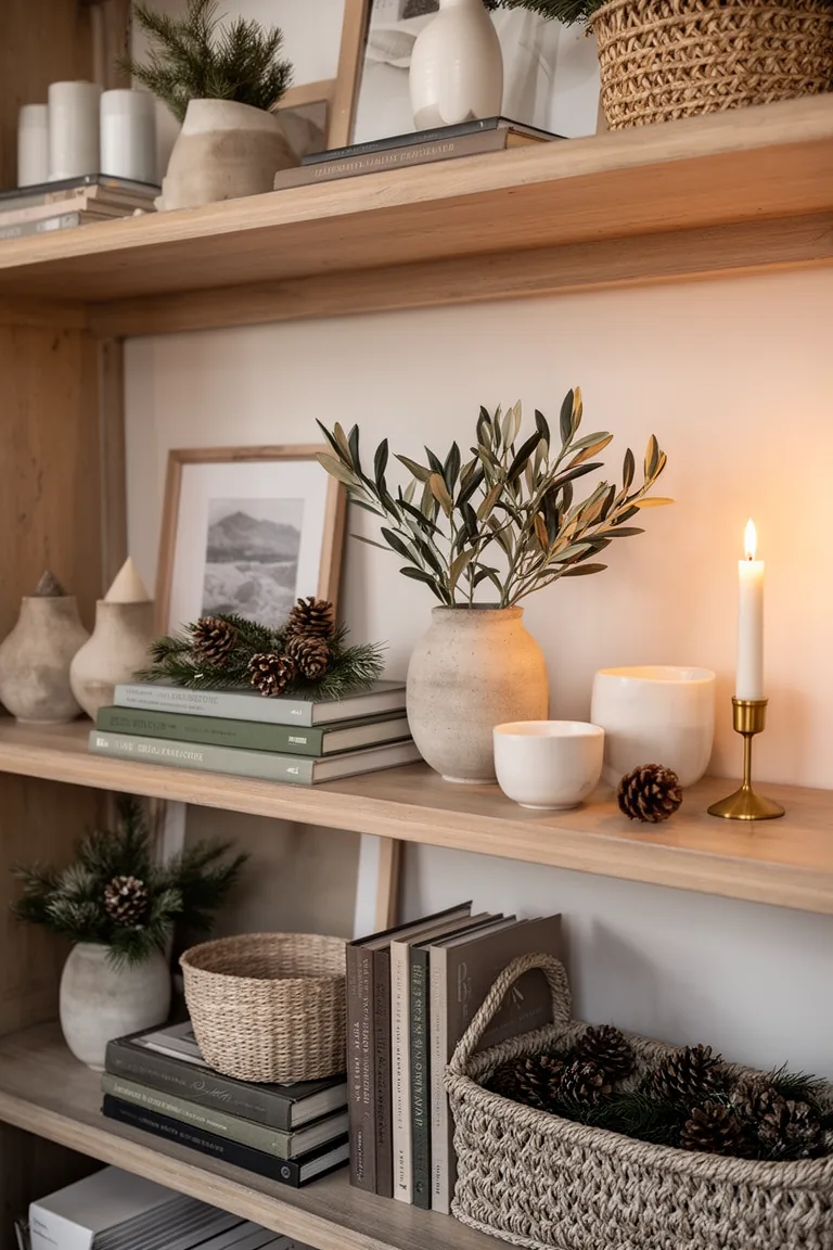 Shelf with olive branches, ceramics and a brass candlestick
