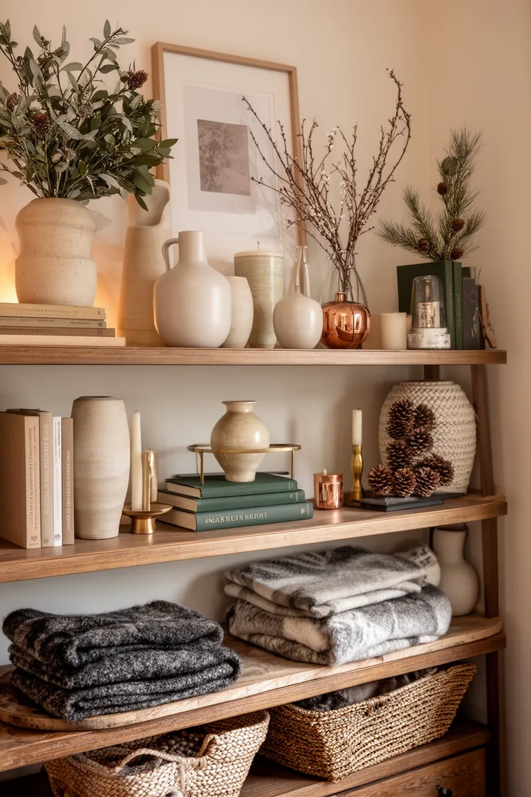 Shelf with wool textures, muted winter stems and copper accents
