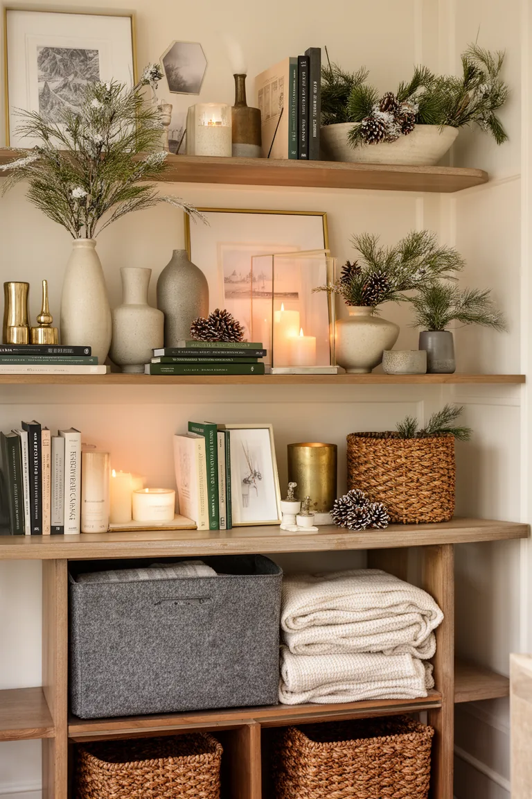 Felt storage bin and folded throws on a winter shelf