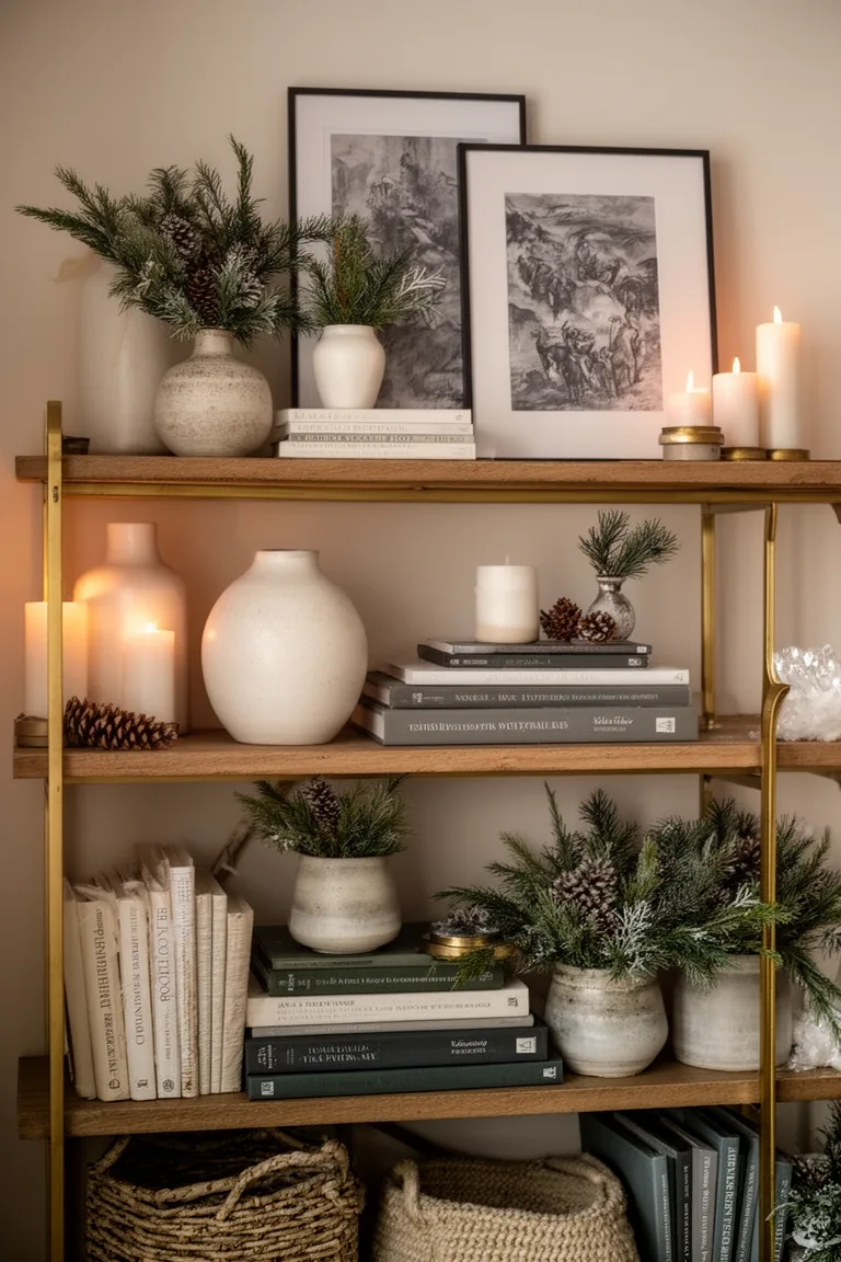 Moody charcoal sketch prints leaned on a winter shelf