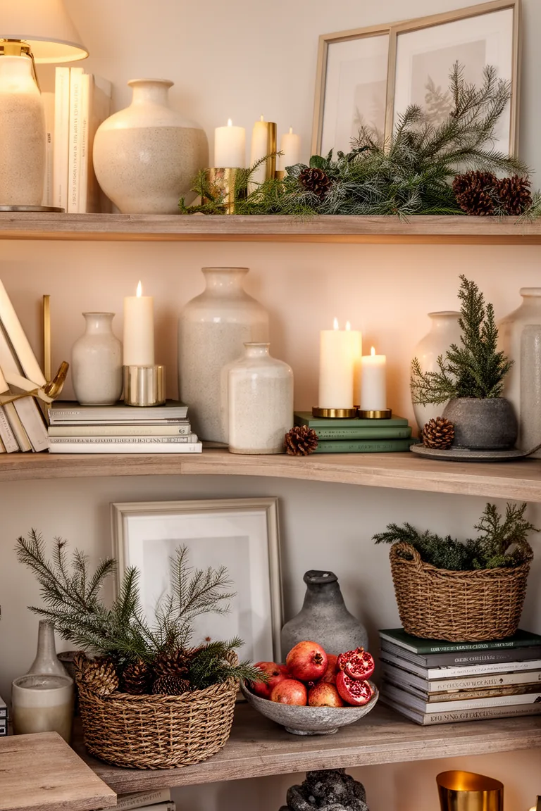 Stoneware bowl of pomegranates adding color to a neutral shelf