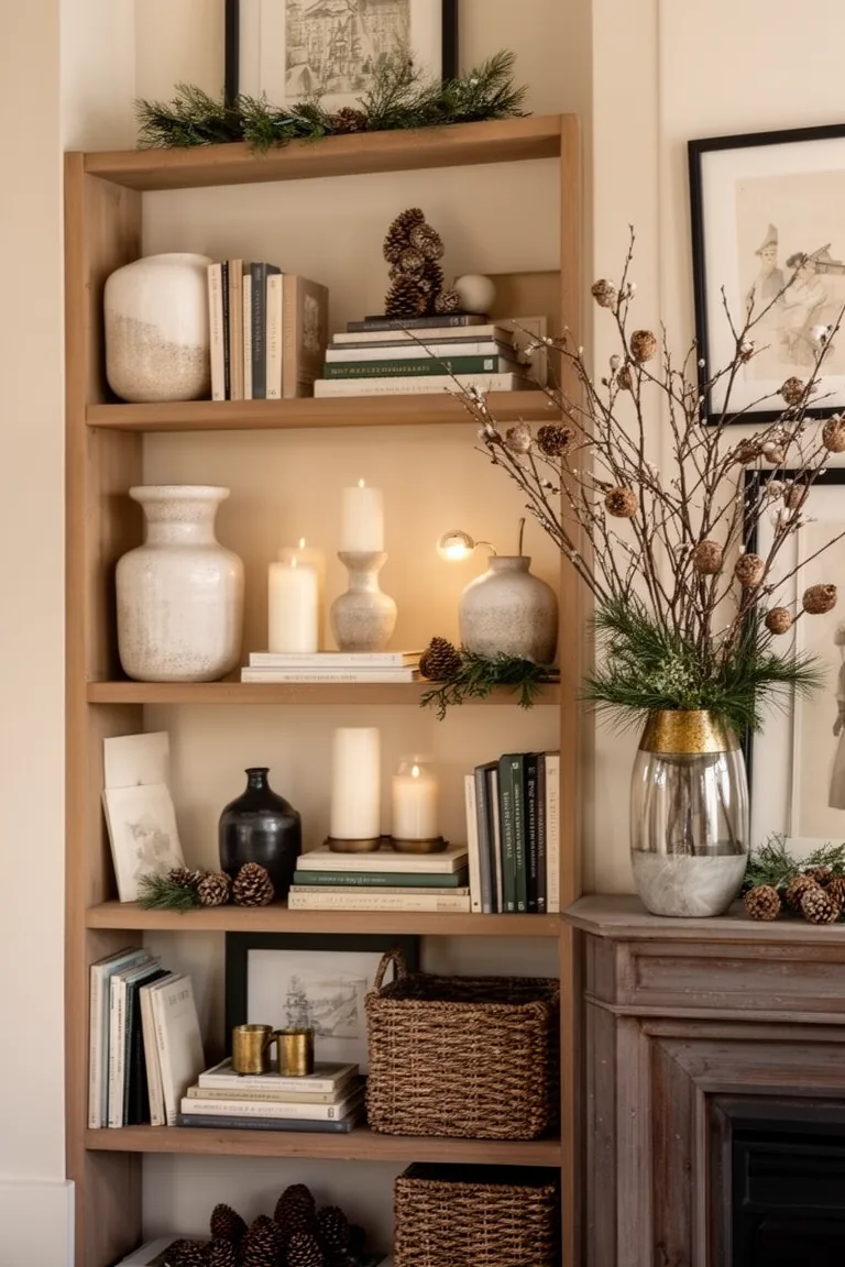 Dried seed pods and winter branches replacing florals on a shelf