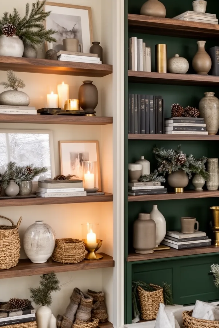 Built-in shelf styled in forest green, charcoal, taupe and brass