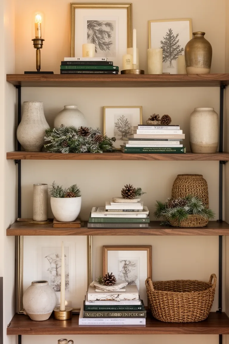 Classic black, brass and cream shelf vignette with walnut wood