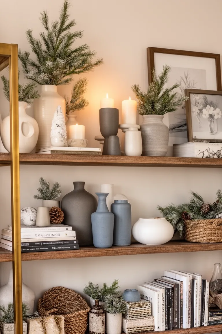 Cool calm shelf in slate gray, soft blue and white ceramics