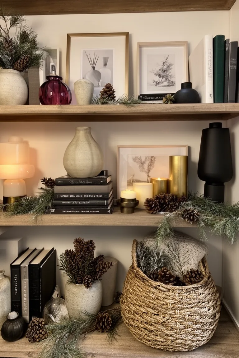Moody winter shelf with burgundy glass, dark books and matte black accents