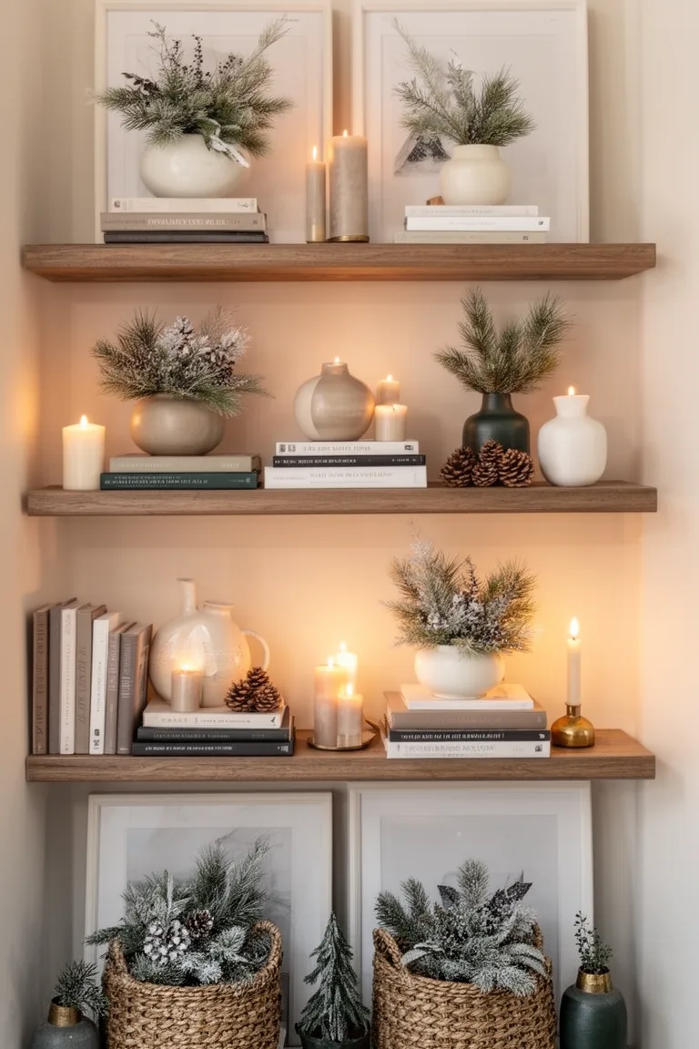 Two cohesive shelves repeating winter tones across objects