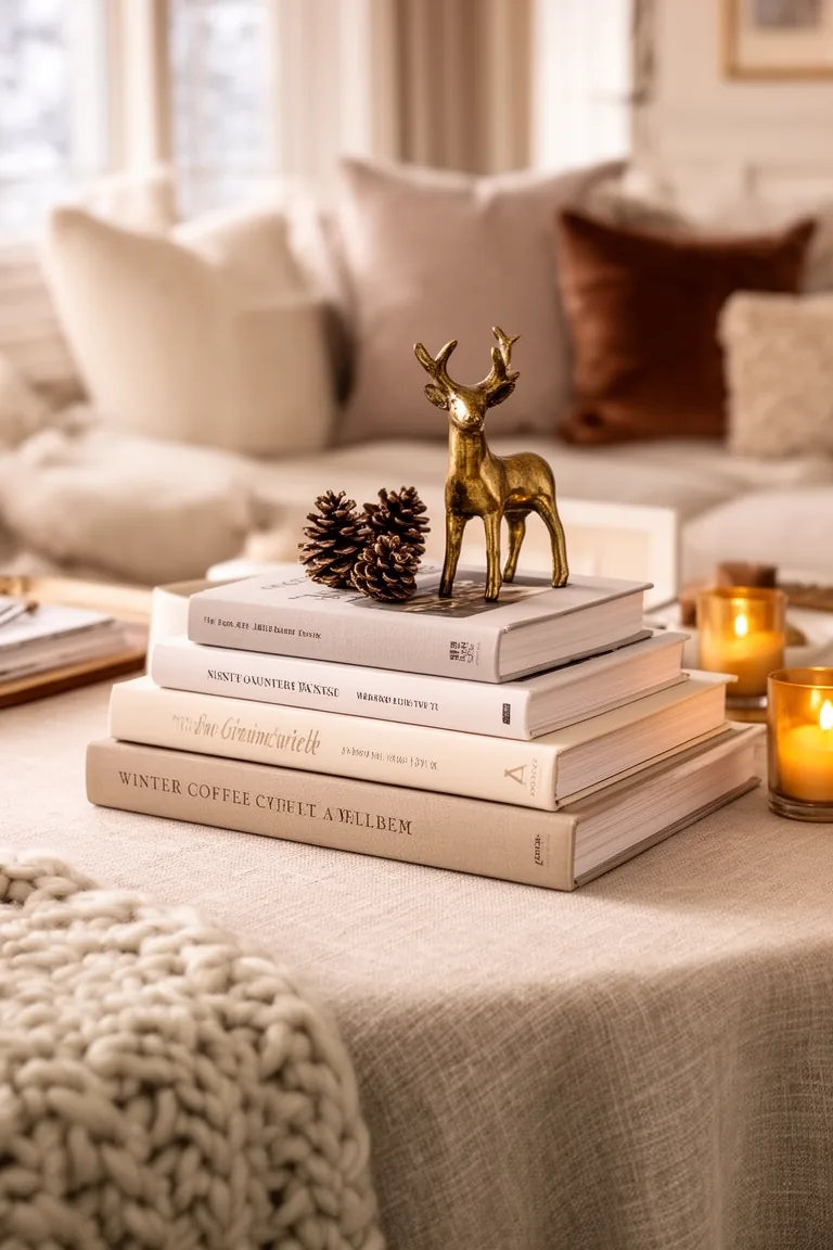 Curated winter book stack topped with a brass animal on a coffee table