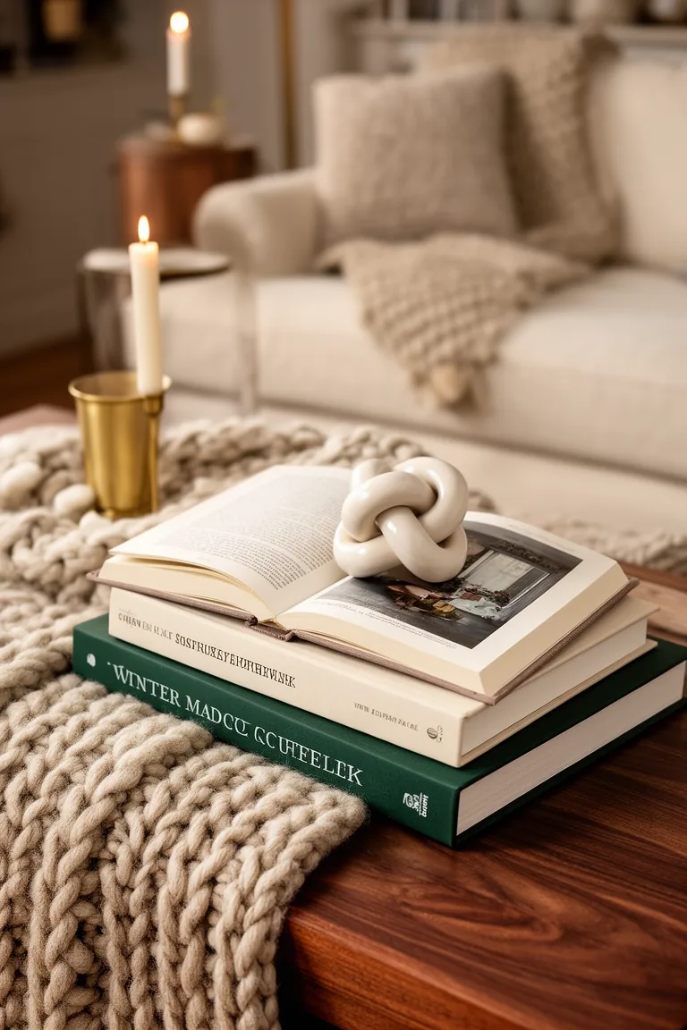 Stack of three coffee table books with a ceramic knot topper