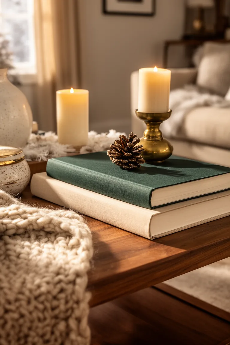 Neutral book stack with a moody deep green cover and a pinecone