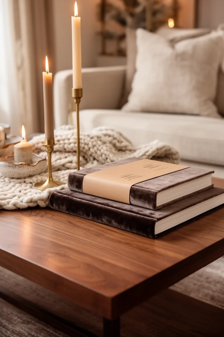 Velvet and kraft wrapped books beside a brass candlestick