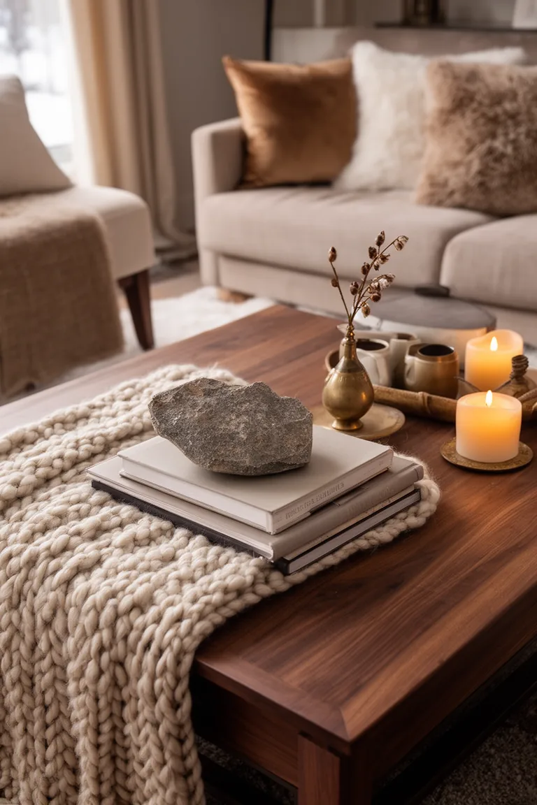 Overhead low book stack with a stone object and a dried stem vase