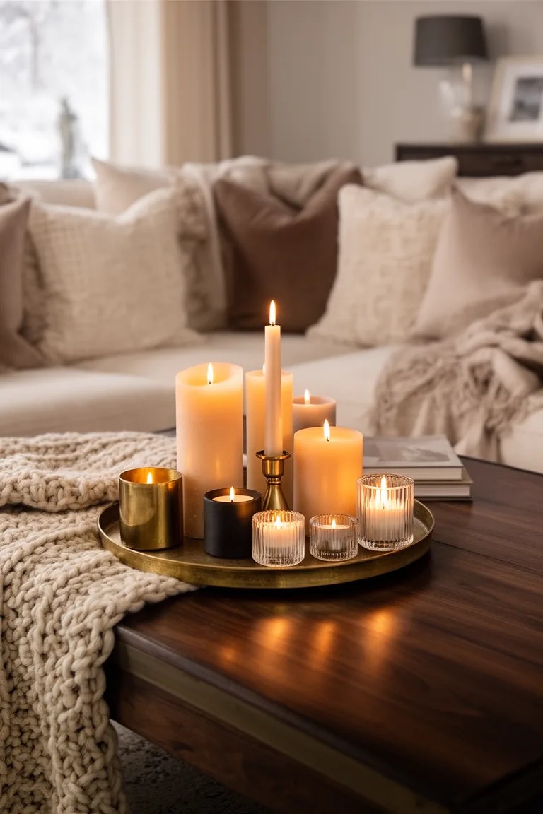 Cluster of mixed-height winter candles on a brass tray on a coffee table
