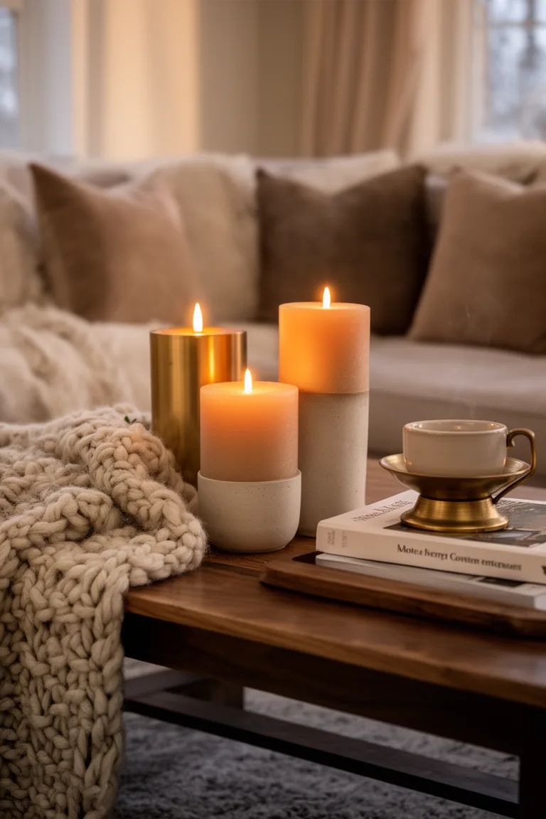 Pillar candles of varying heights beside a book stack on a coffee table