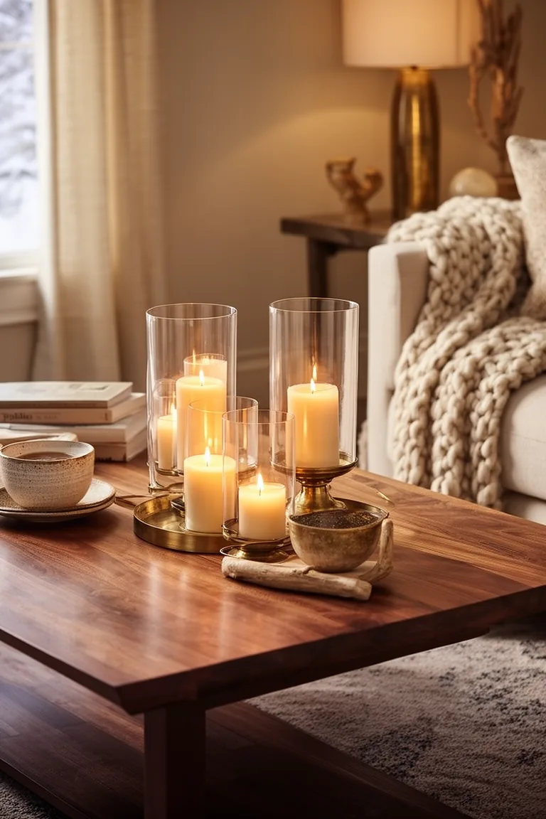 Glass hurricane candles in a cozy coffee table vignette with a wool throw